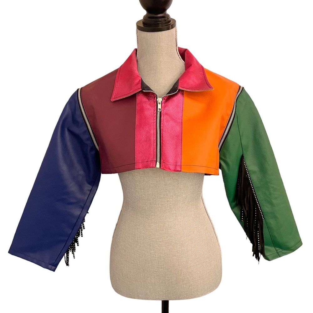 Women’s Color Block Cropped Zip Up Jacket with Fringe Sleeves
